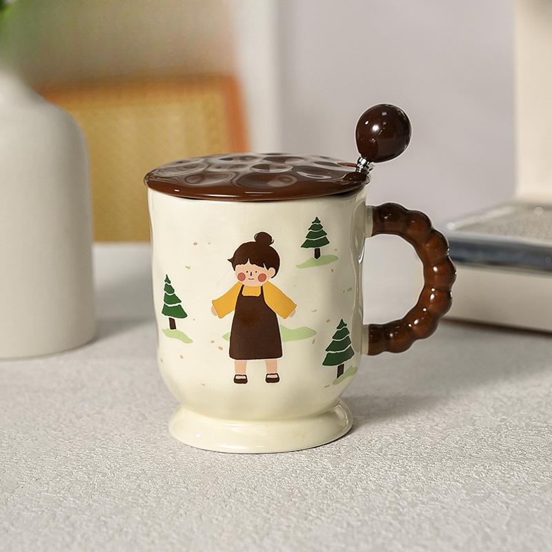 Cartoon Character Cute Mug with Lid and Spoon Retro Girl High Looking Ceramic Children's Cup for Drinking Water for Home Use