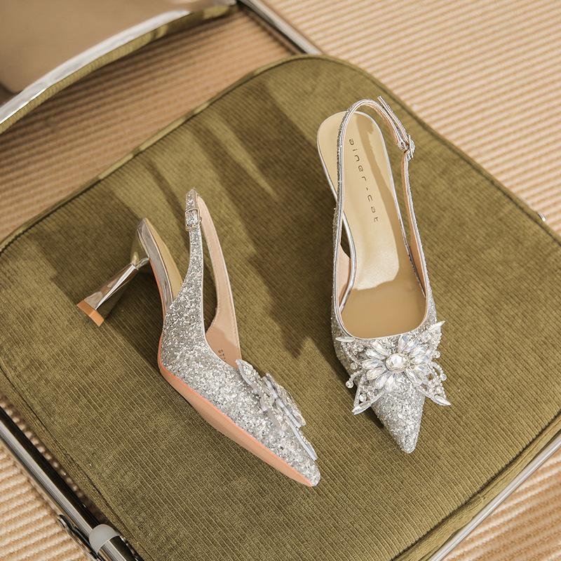 7521-7 [sheepskin] High-heeled Wedding Shoes Women's Thin Heels 2025 New Pointed Sandals Rhinestone Bow Shoes