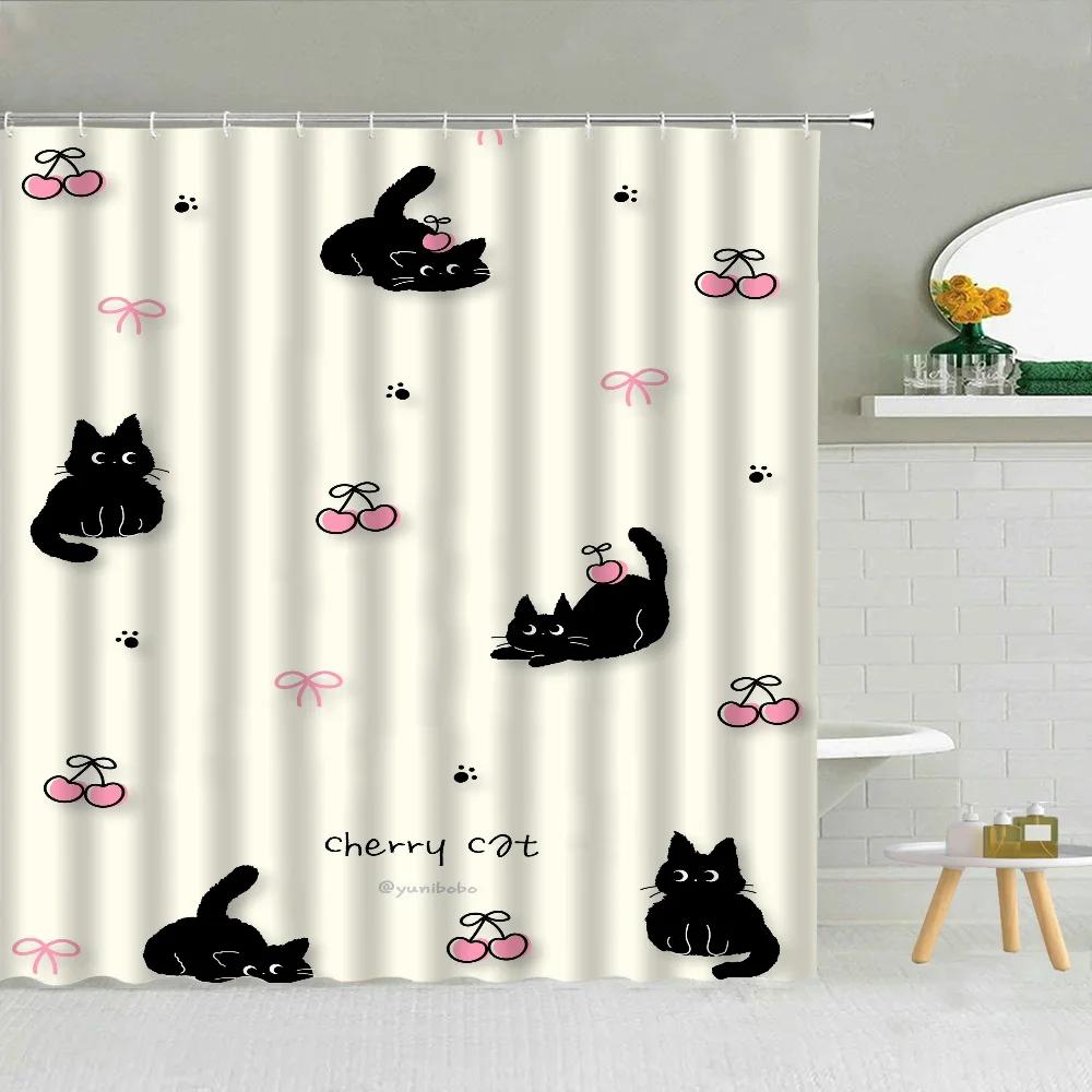 Japanese Black Pink Cute Cherry Cat Bath Curtain for Quarto Curtains in the Bathroom Accessories Shower Folding Partition Home
