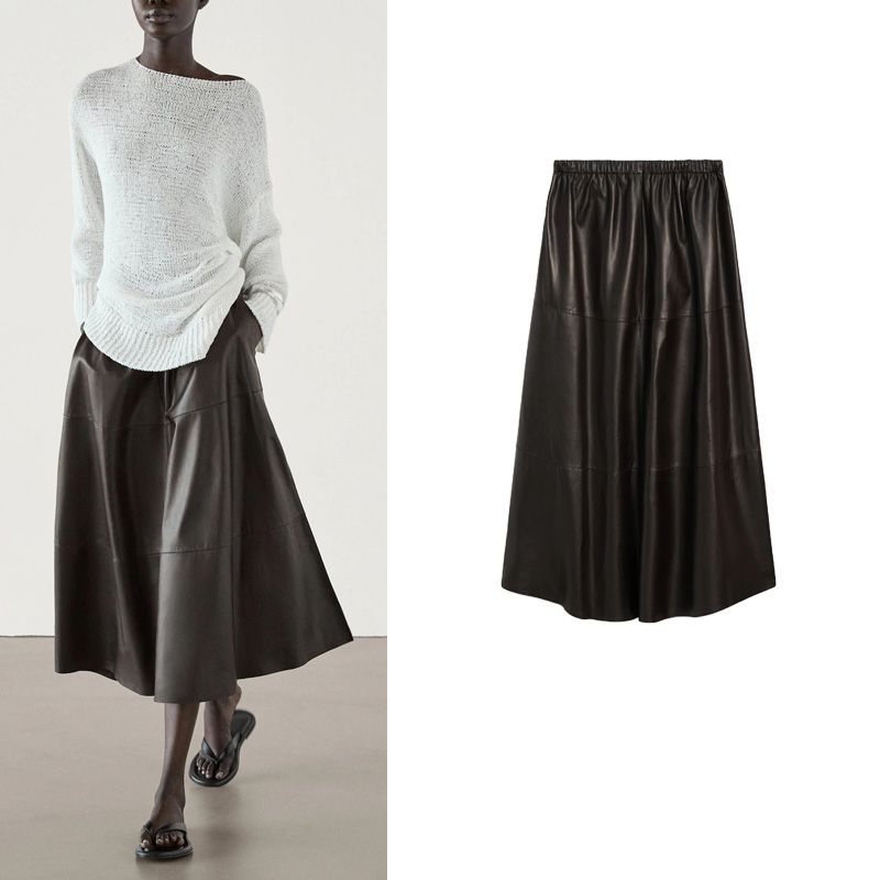 Spring New Women's Clothing Fashion Elegant Brown Fancy Poly Urethane Leather Mid Length Long Length Skirt 5308838
