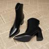 New Winter Lined Warm Ankle Boots Women Fashion Pointed Toe Chunky Heel Booties, Back Zipper Comfortable Short Boots