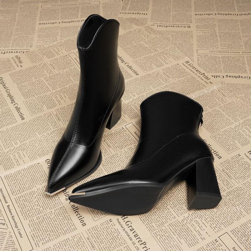 New Winter Lined Warm Ankle Boots Women Fashion Pointed Toe Chunky Heel Booties, Back Zipper Comfortable Short Boots