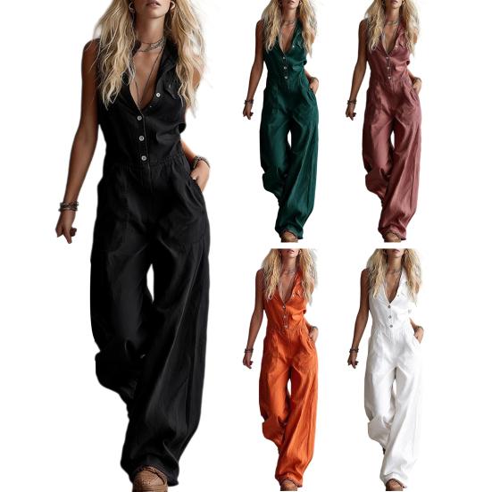 Sommer Damen Jumpsuit V-Ausschnitt Ärmellos Knopfleiste Vorne Lässig Locker Weites Bein Hosen Damen Langer Romper Overall mit Dual