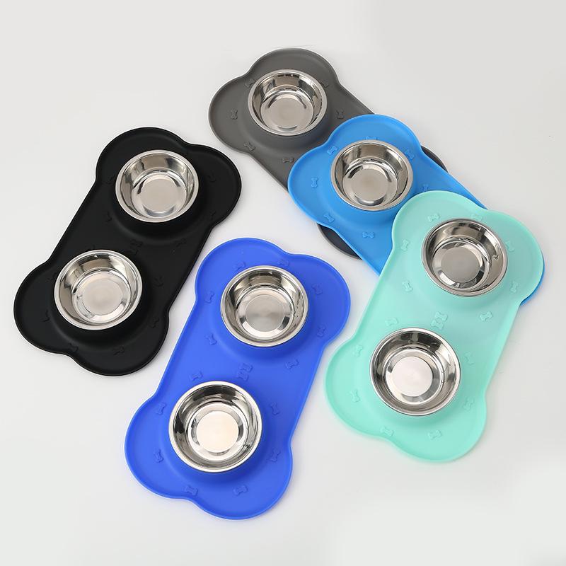 Bone-Shaped Non-Slip Silicone & Stainless Steel Dog Feeding Bowl - Food Grade, Anti-Spill Double Bowl for Pets
