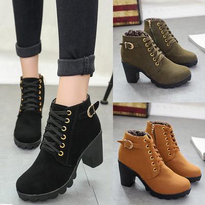 Autumn High-heeled Single Boots, Belt Buckle Women's Shoes, Thick-heeled Short Boots, Round-toed Martin Boots, Women's Lace-up and Bare Boots, Knig