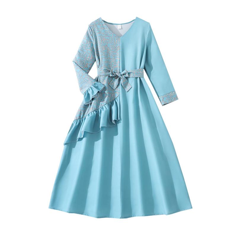 Modisches blaues Kleid für Mädchen: Elegantes Langarmkleid für Kinder Frühling und Sommer
