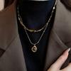 Sophisticated Retro Styles Necklace with Tigers Eye Stone Pendant and Double Layer Chain Designs Accessory for Women