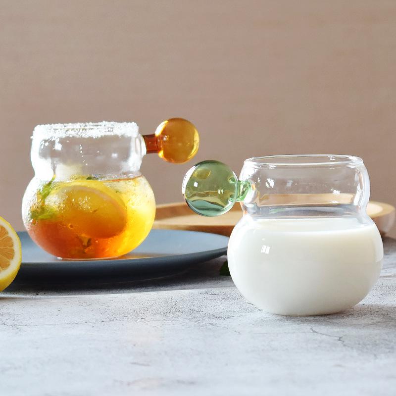 Cute Gourd-Shaped Borosilicate Glass Cup with Spherical Handle for Cold Drinks