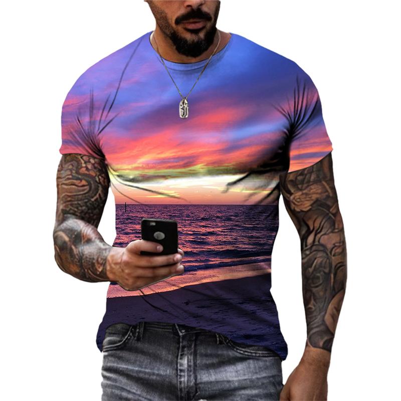 Sommersollys Havbølge Sand Casual Stil grafiske t-skjorter Mote Nye Menn Fritid Trykket Rund Hals Kortermet T-skjorter Topper