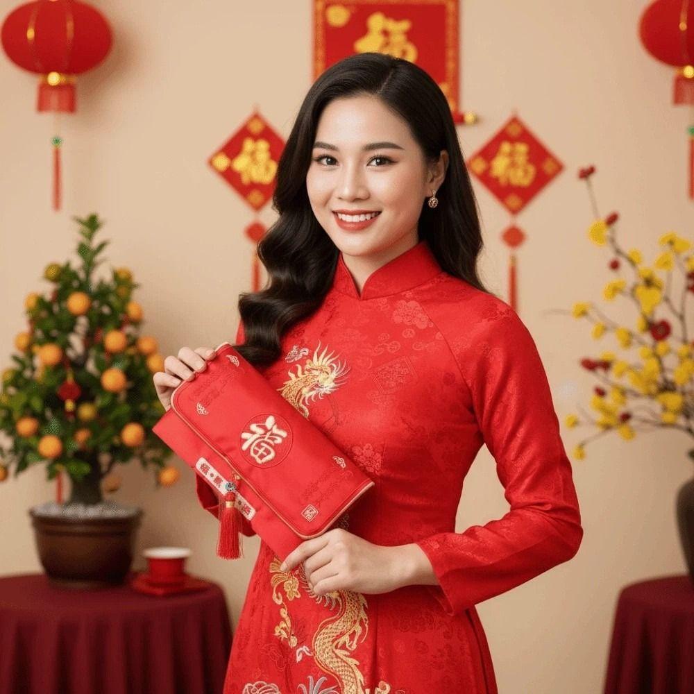 Portefeuille Rouge Traditionnel du Nouvel An Chinois Fermeture Magnétique Polyester Sac à Argent pour Enfants Épaissi Hongbao Dieu de la Richesse Pochette Rouge