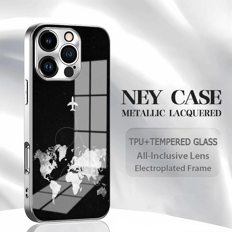 Aircraft route pattern electroplated glass phone case suitable for iPhone 17 16 15 14 13 12 11 Pro Max Plus anti fingerprint