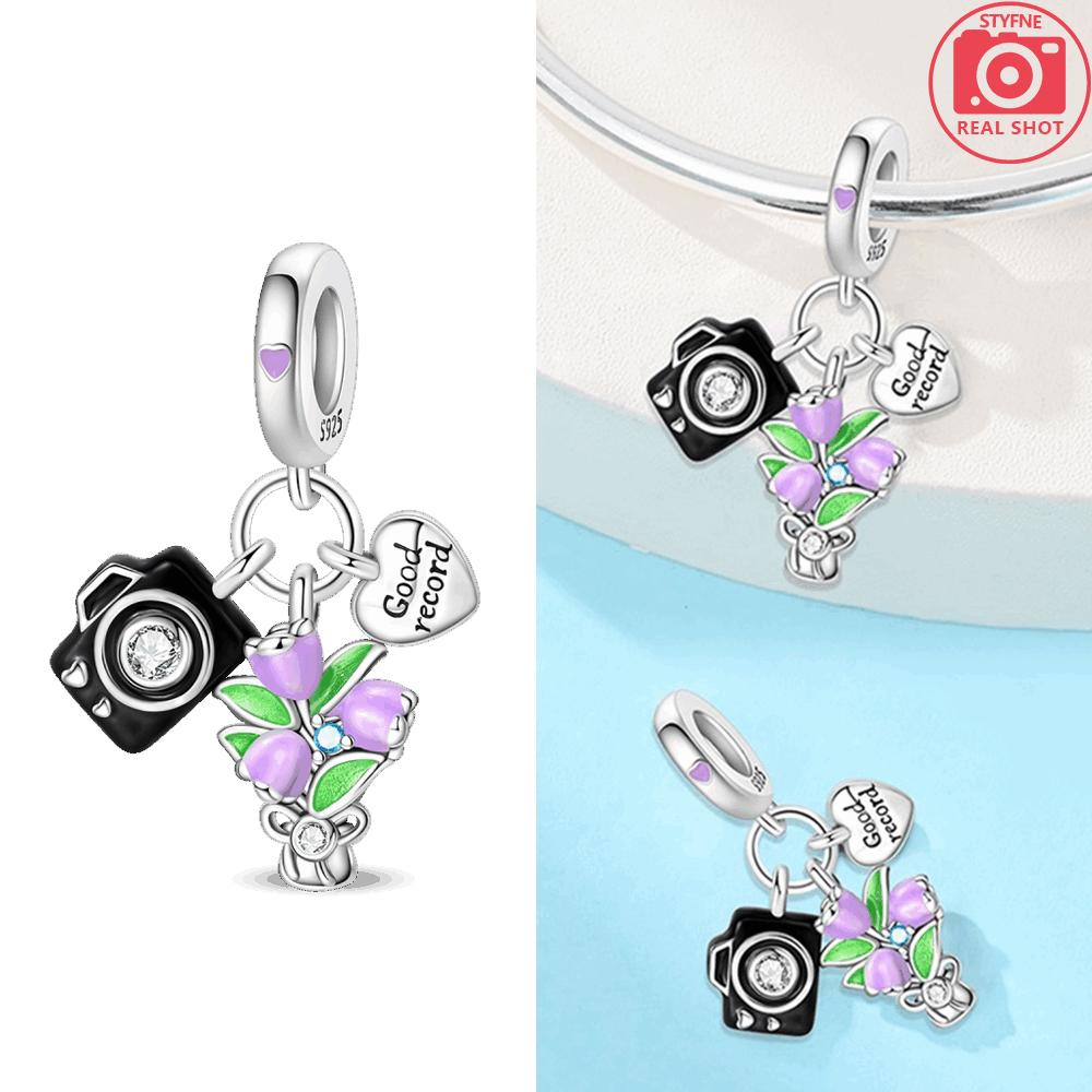 Pink Music Microphone Rose Flower Lucky Apple White Headphones Copper Bead Fit Women Bracelet Diy Valentine'S Gift Jewelry