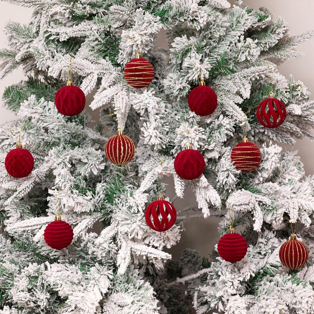 12x 2.4inch Christmas Red Ball Baubles Pendants Xmas Hanging Decoration Flocked Material for Holiday