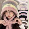 Plush Fluffy Cat Ear Knitted Hat Women Winter Thicken Keep Warm Cute Hair Ball Stripe Ear Protection Beanies Hats Pullover Cap