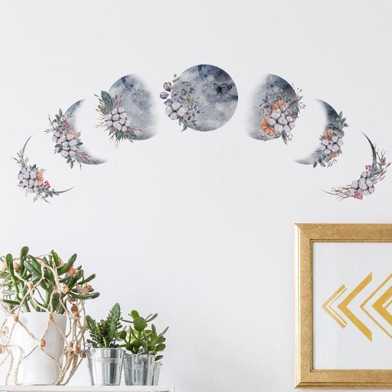 Customizable Moon and Floral DIY Wall Sticker for Kids Bedroom TV Background Removable Self-Adhesive Home Decor