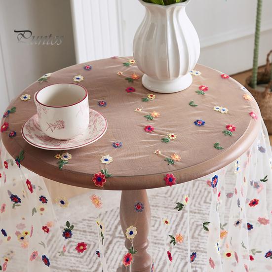 Transparent Dining Table Mat Thin Visible Mesh Colorful Flower Embroidery Round Table Protector Decorative Table Cloth for Party Decoration