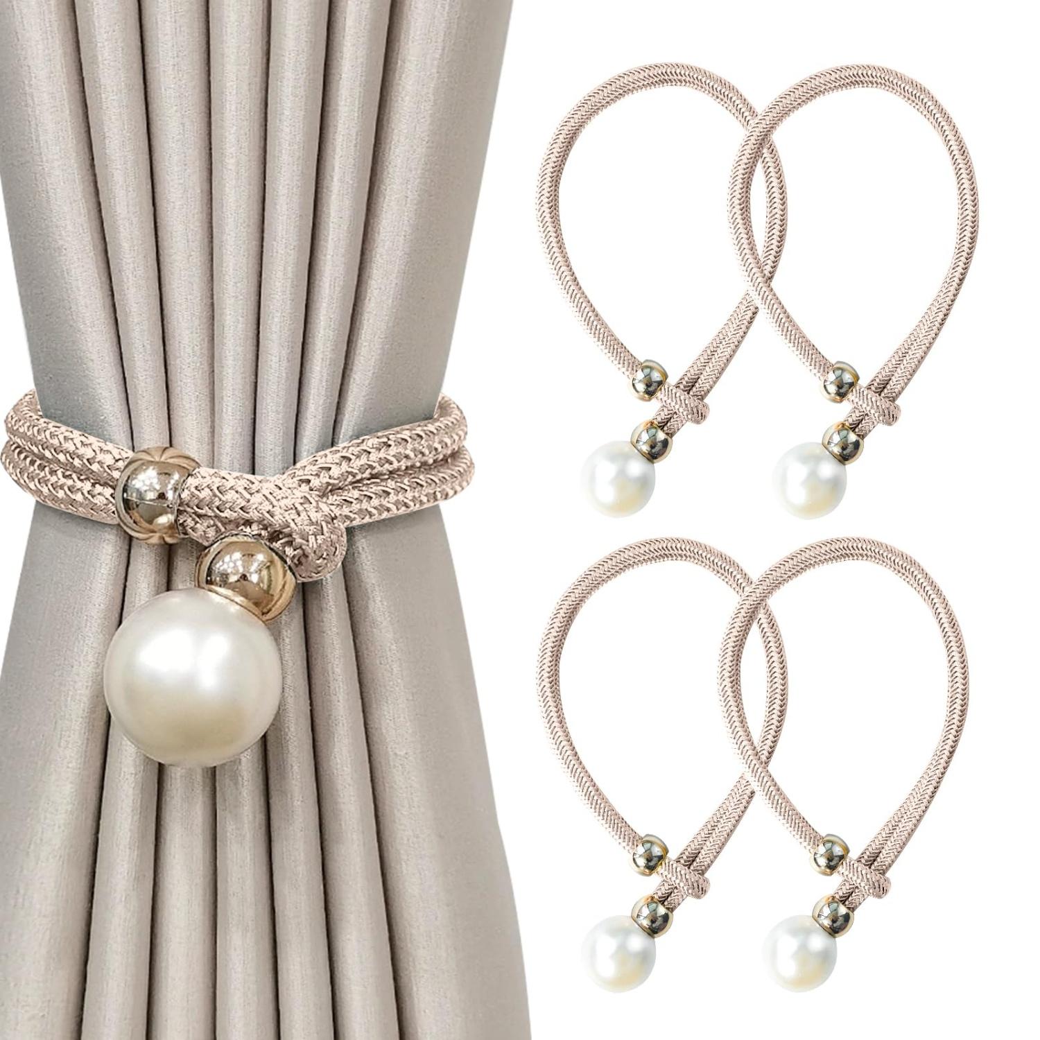 

Set of 4 Large Pearl Curtain Ties Champagne 51x3.5cm Braided Polyester Cord Faux Pearl Balls for Home Office Decor 105g/pair