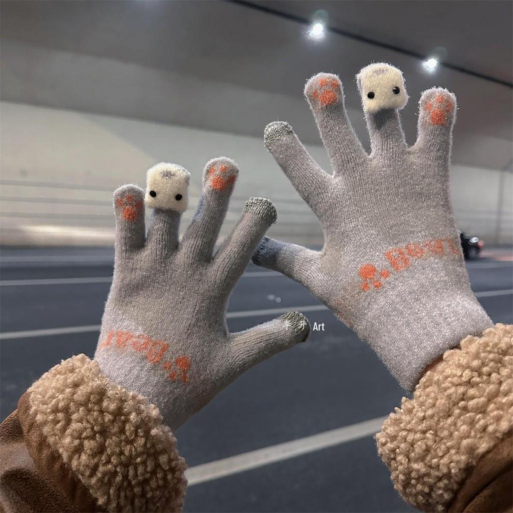 Women's Cute Winter Touchscreen Wool Knit Gloves - Velvet Lined, Cold-Proof for Cycling and Daily Wear