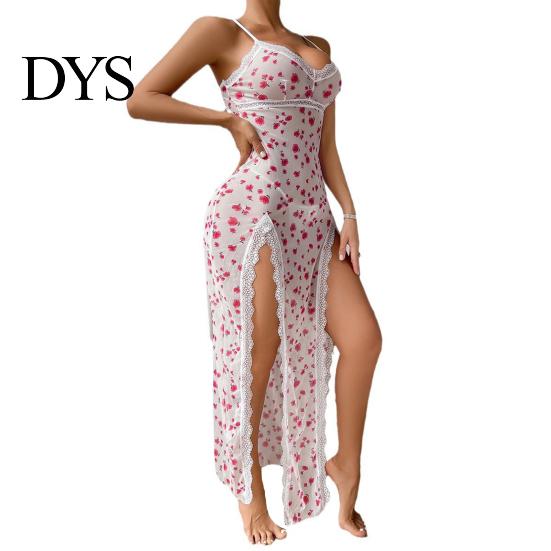 Women Cotton Blend Nightgown Womens Sexy Nightgowns Cherry Print Lace Trim Deep V Neck High-quality Chemise Sleepwear Sheer See Through Side