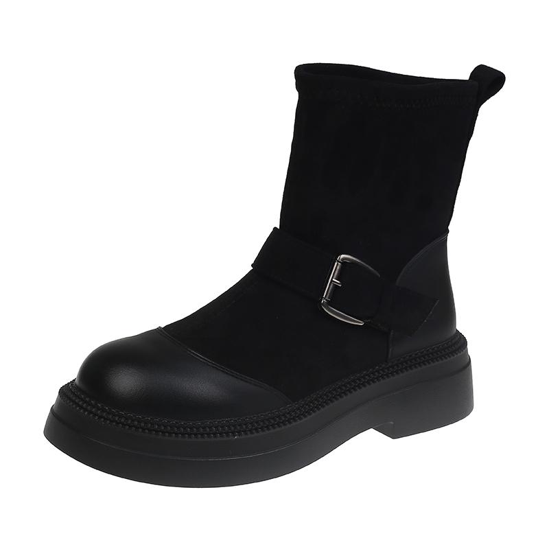 

Модные осенние новые ботильоны на толстом каблуке, женские с круглым носком, замшевые с вставками, с квадратной пряжкой со стразами 40 чёрный