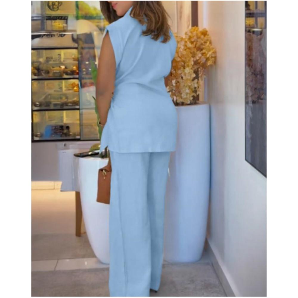 Casual Lapel Short-sleeved Shirt 2 Pieces Summer Fashion Elegant Women's Single Breasted Lace-up Wide-leg Long Pants Office Suit