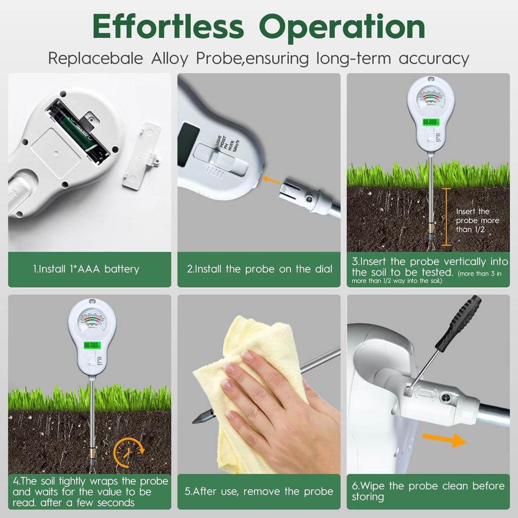 6-in-1 Soil Watering Checker - pH Meter, Acidity Meter, Moisture Meter, and Sunlight Intensity Meter, 1 Pack with Detachable Probe