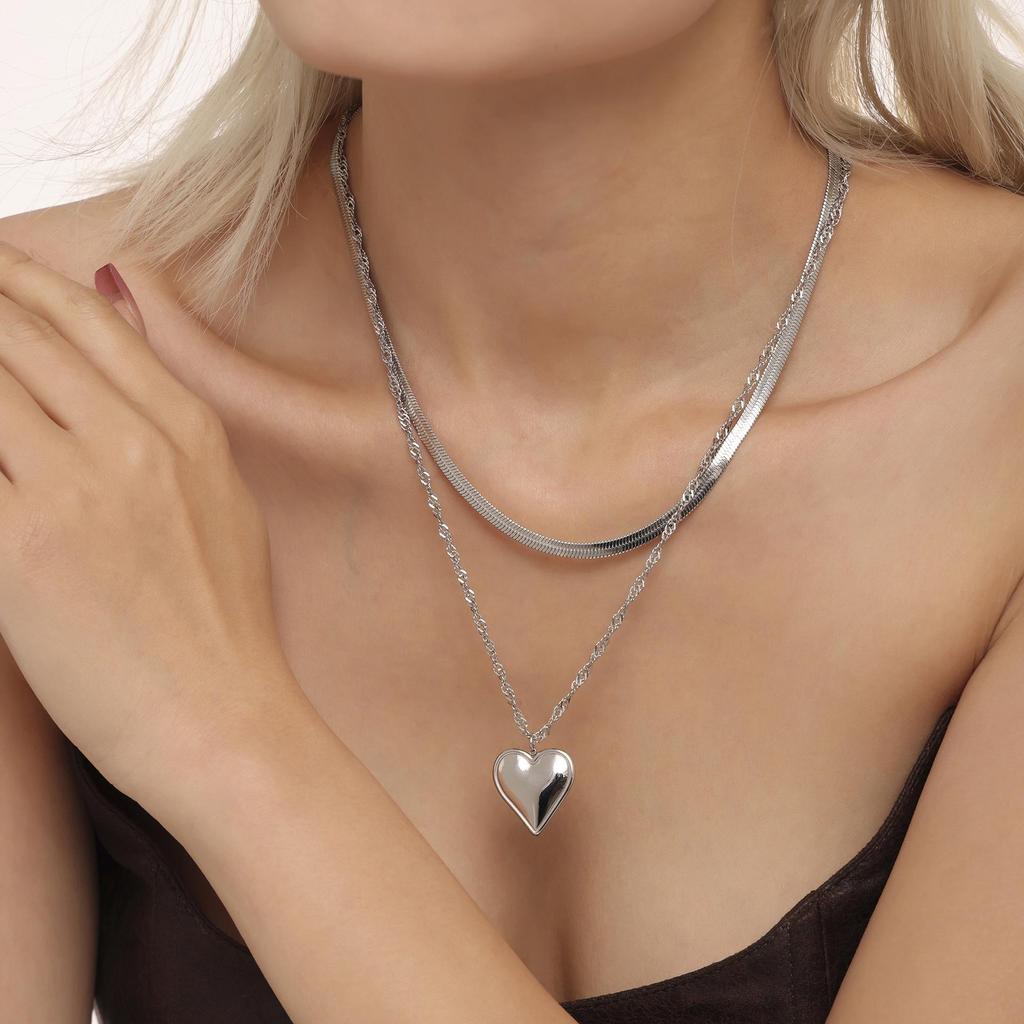 Qiong Yao 18K Gold Plated Stainless Steel Double Layer Heart Necklace with Water Ripple Chain