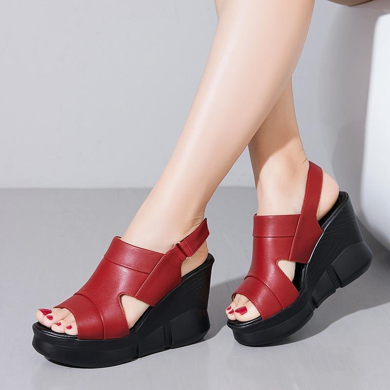 

Fashion 2025 NEW Genuine Leather Elegant Slippers Women s Summer Shoes Fashion Female Wedged Slides High Heel Sandals 40 красный