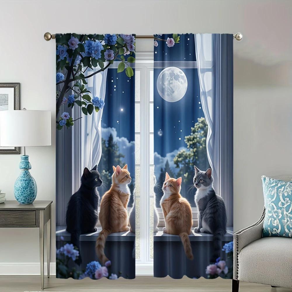 Flat Printed Dreamy Cat Printed Curtains, Pole Bag Curtains, Bedroom and Living Room, Home Decoration, Room Decoration
