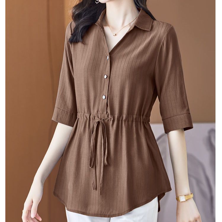 Top Estivo a Mezza Manica con Cinturino in Vita Larga, Camicia Corta a Manica Larga in Chiffon da Donna