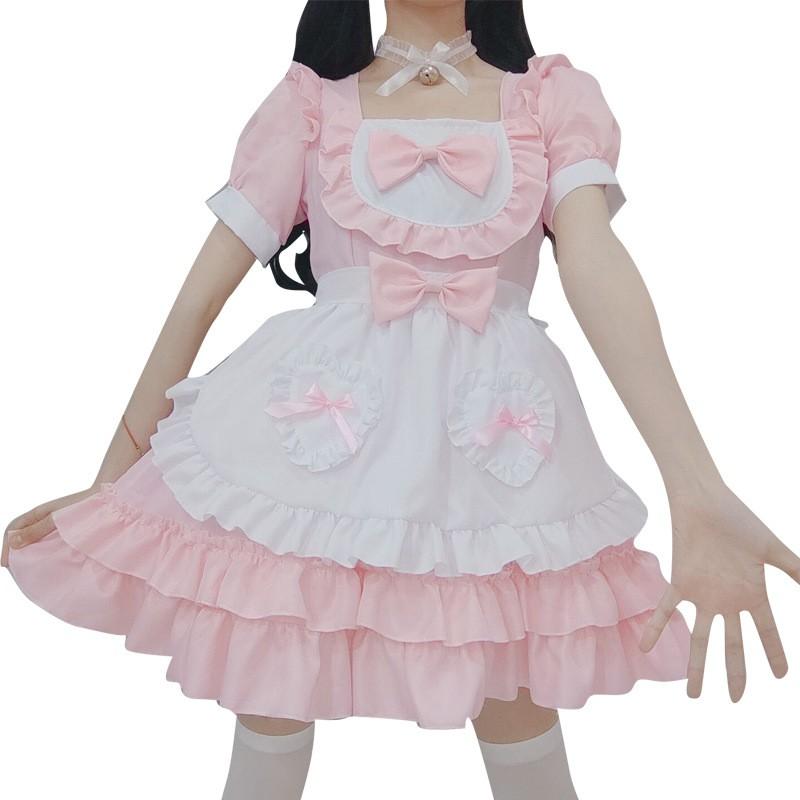 Japanese Sweet Maid Dress Pink Cosplay Costume Halloween Anime Role Play