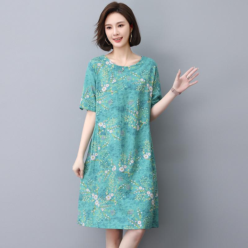 Floral Linen A-Line Dress for Women, 2024 Summer Collection – Elegant Slimming Style for Middle-Aged Mothers