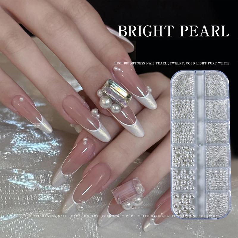 6/12 Grids Pearl Nail Art Decorations White Half Round Flat Bottom Full Circle Mixed Size Nail Art Diy Accessories
