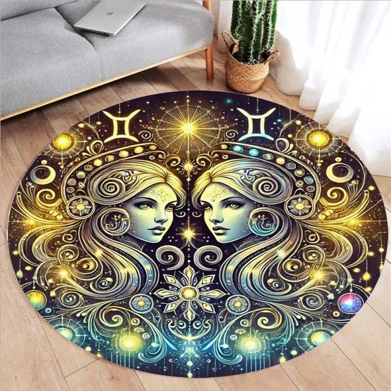 Zodiac Print Round Rugs Kids Room Floor Mats Non-Slip Living Room Rugs Washable Flannel Carpet for Home Decor Mat