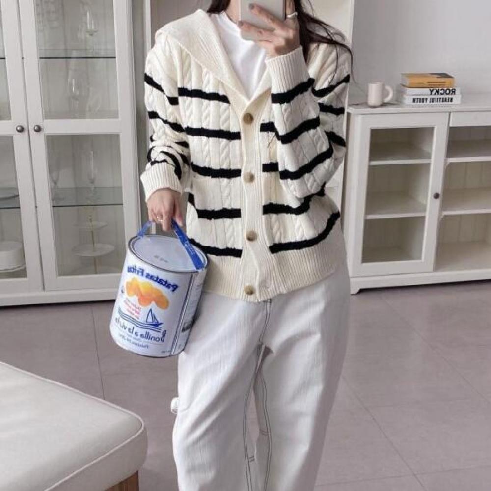 Open Run Diracel Women Striped Classic Big Collar Cardigan