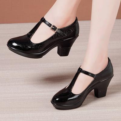 Damen Lacklederschuhe Damen Mary Janes Frühling T-Stap Plateau Pumps Block High Heels für Büro Mama Tanz
