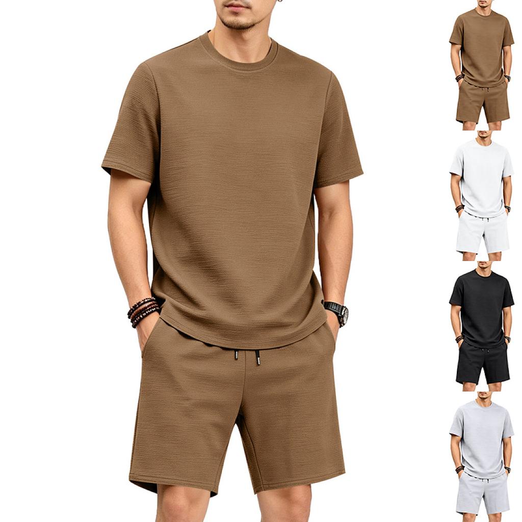 Men Casual Loose Textured Short Sleeve T Shirt And Shorts Two Piece Set