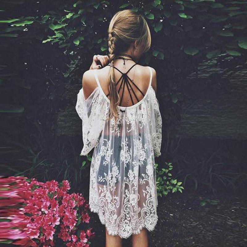 Dámské letní šaty s plážovým sexy popruhem, průhledné vyšívané květinovou krajkou