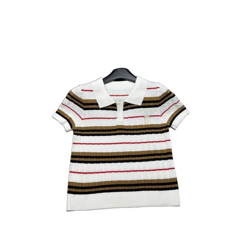 European Striped Knit Lapel Top - Spring Collection, Short Sleeve, Casual and Versatile.