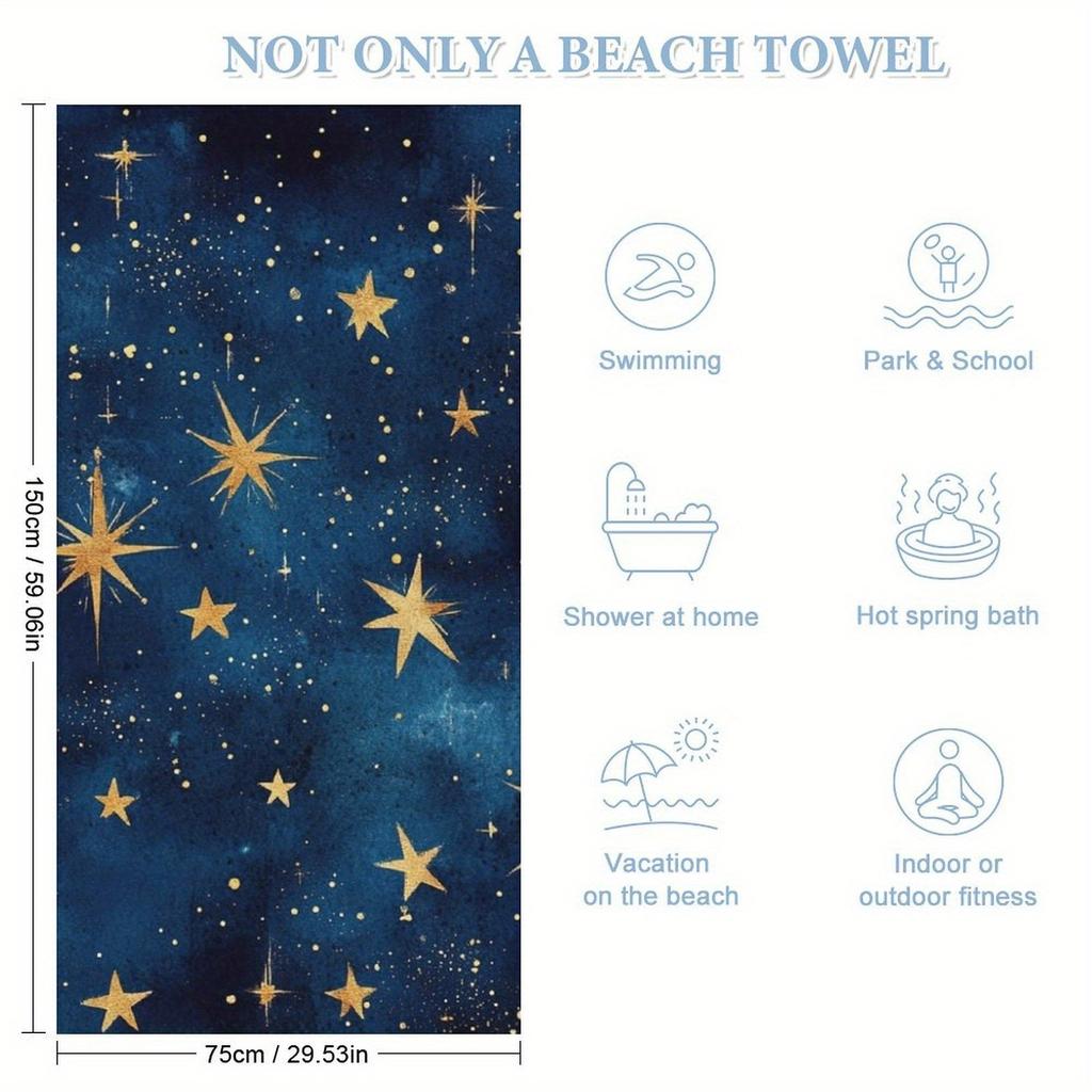 Starry Night Sky Beach Towel Large,Super Absorbent Quick-Dry Microfiber Bath Towel with Golden Stars Moon Design,Perfect Summer