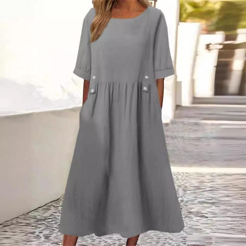 Women's Loose Fit Midi Dress Double Pockets Button Decoration Round Neck Short Sleeve Summer Boho Workwear Dress