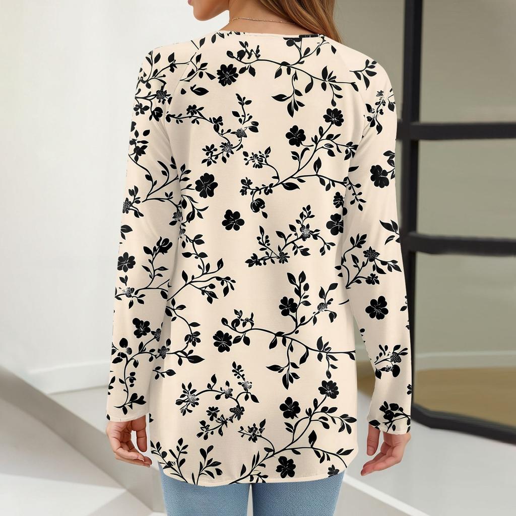 Women's Fashion Casual Long Sleeve Print Round Neck Pullover Top Blouse