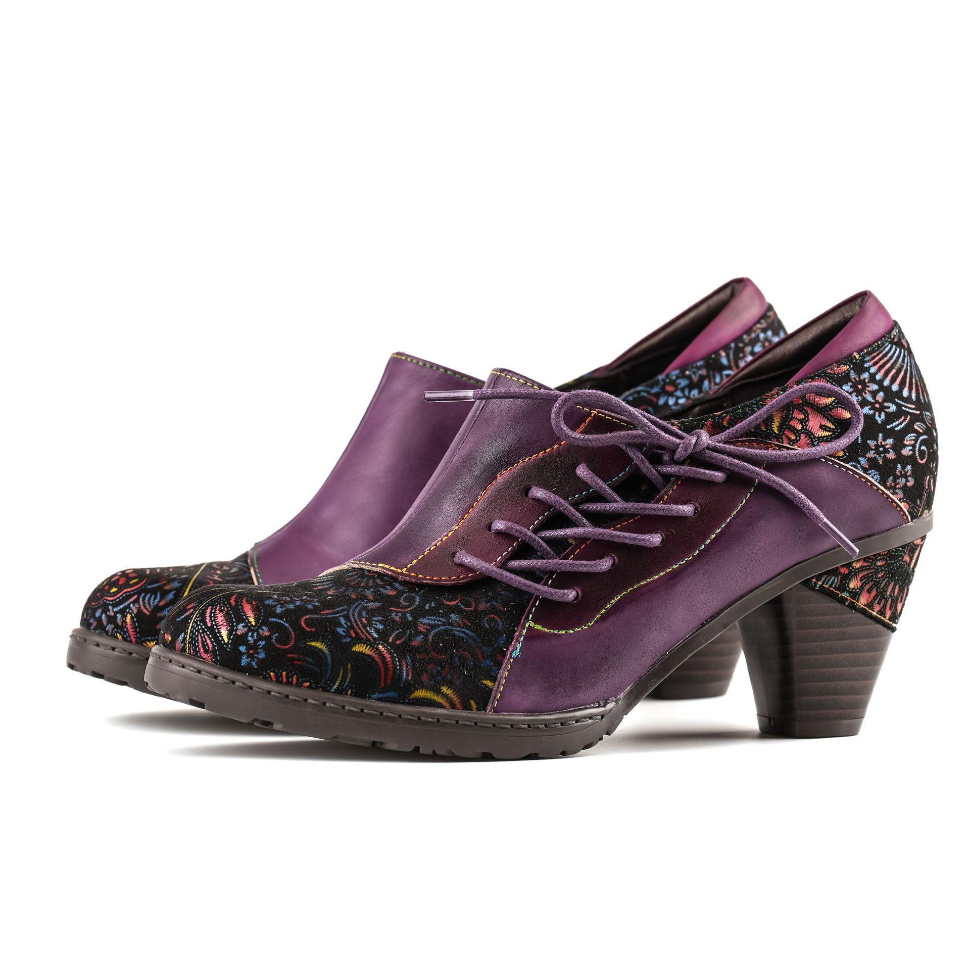 Johnature Ретро Принтованные Туфли на Высоком Каблуке Натуральная Кожа Лодочки Этнический Стиль Цветочный Боковая Молния Женская Обувь фиолетовый 5900₽