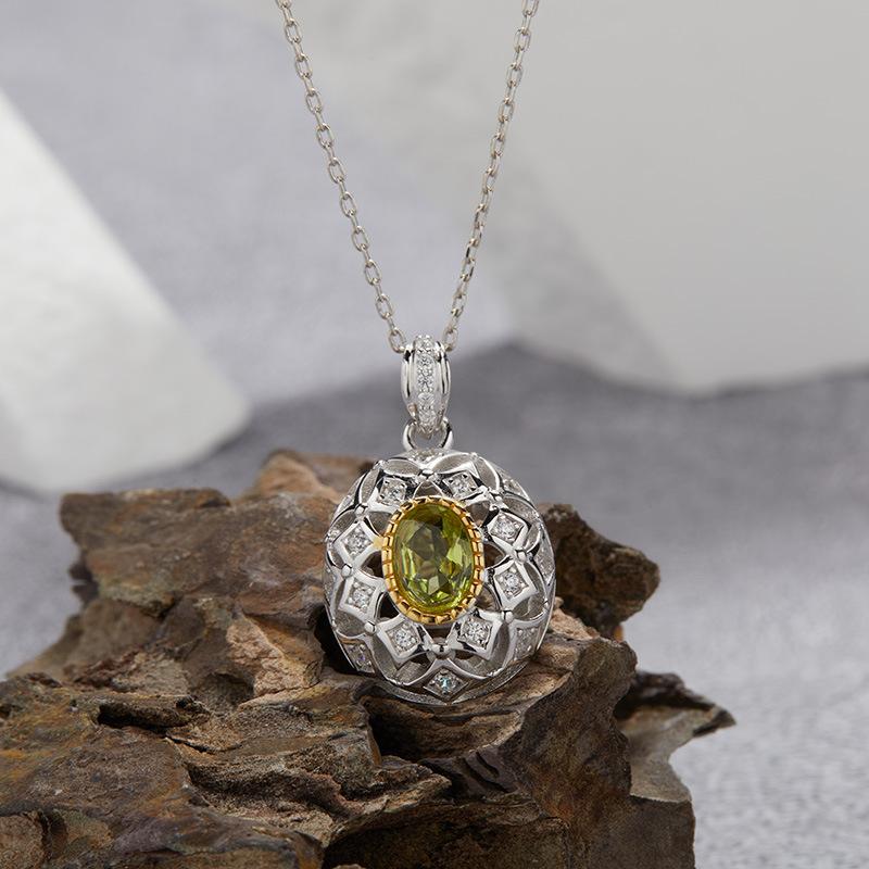 S925 Sterling Silver Natural Citrine Peridot Garnet Topaz Colored Treasure Necklace Women'S Oval Pendant