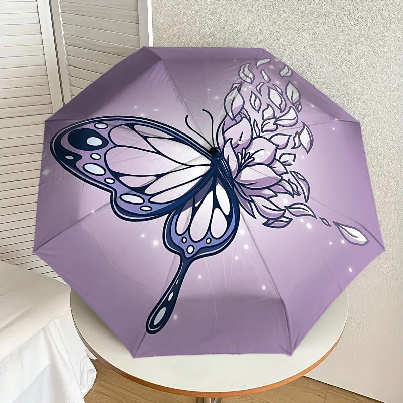 1pc Butterfly Flowers Automatic Folding Umbrella 8 Rib Iron Frame,  Suitable for Travel, Daily Use, Birthday, Women & Men Gift c1231066