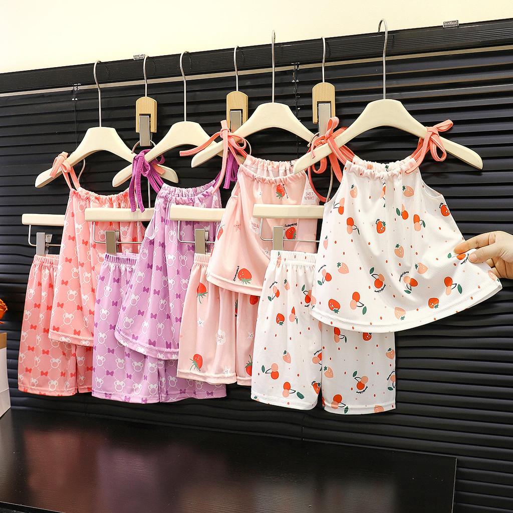 Summer Girl Shorts Pajama Set With Ice Silk Fabric For Toddler Girls