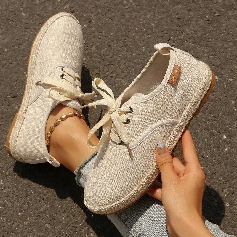 Fashion Breathable Linen Casual Flat Shoes Woman Espadrilles Loafers Ladies Comfy Houndstooth Print Canvas Zapatos Soft Driving Footwear