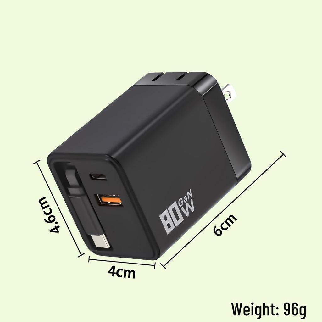 Dual Port Foldable GaN Charger with Retractable Cable for Fast Charging Apple, Huawei, Xiaomi Devices
