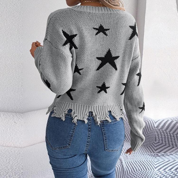 Women Casual Knit Pullover Sweater Long Sleeve V Neck Star Cut Autumn Winter