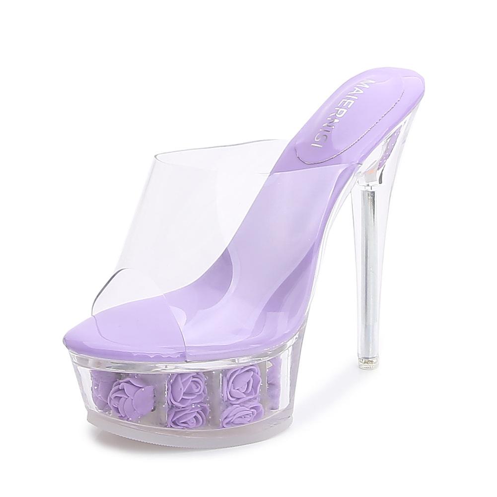 Catwalk sexy heels luminous stiletto waterproof table sandals transparent model crystal shoes wedding shoes